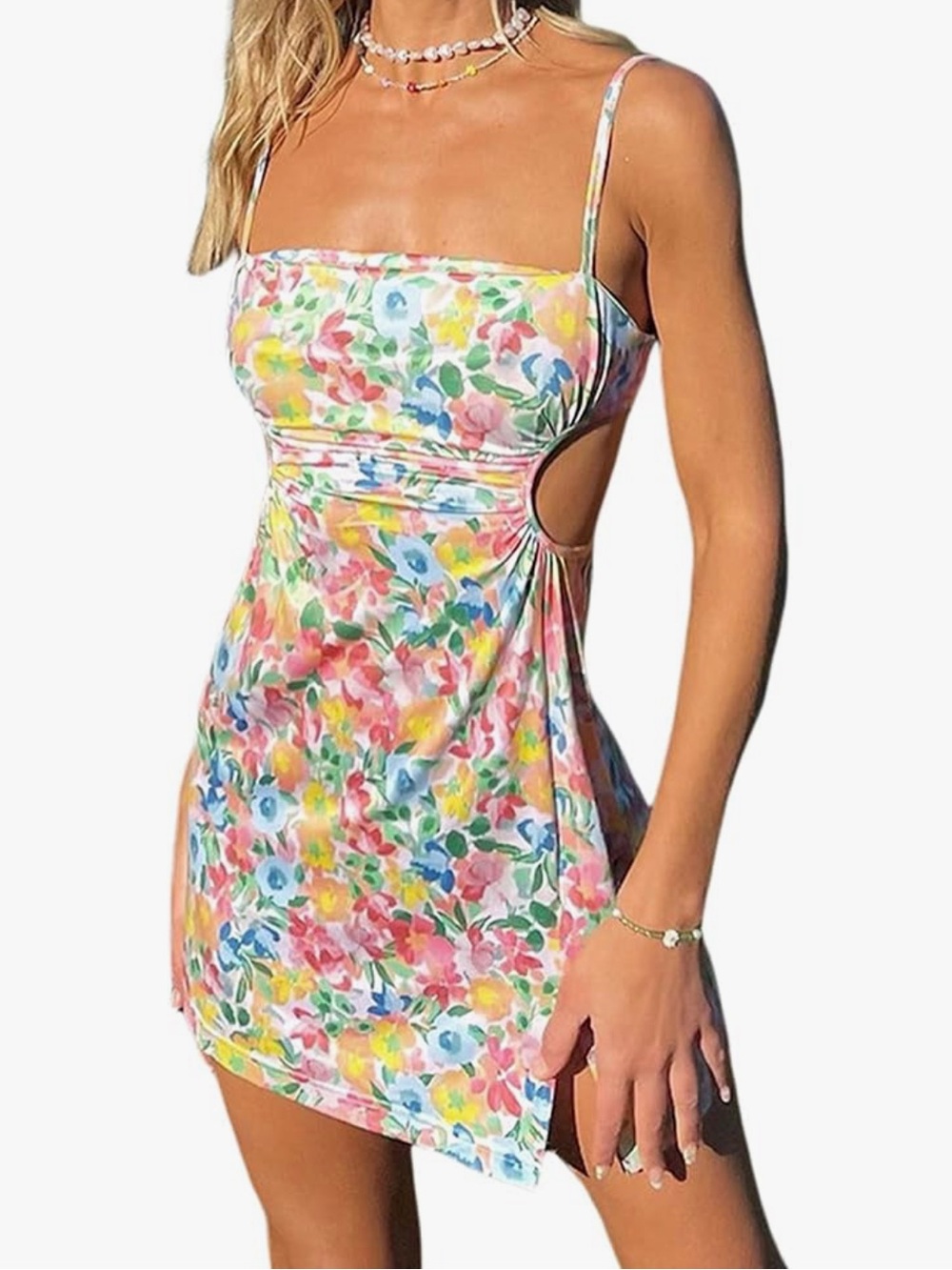 Floral Cutout Spaghetti Strap Mini Dress - Pink Floral